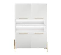AltoBuy Buffet Haut 4 Portes laqué Blanc Plateau marbré Pieds et poignées métal doré + LEDs - Carat