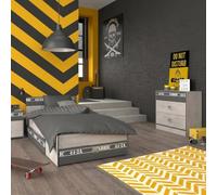 AltoBuy Chambre lit 90x200 avec tiroirs + 1 Chevet + 1 Commode Aspect Bois grisé - Ziggy