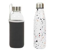 Coffret 2 Bouteilles 50cl Isotherme Terrazzo et Verre avec Pochon - CMP_Drop Blanc G
