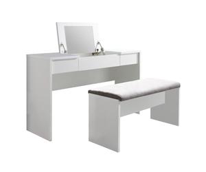AltoBuy Coiffeuse laquée Blanche 2 Tiroirs et Miroir relevable avec Banquette - Lindsey