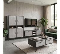 AltoBuy Ensemble Meuble TV 180cm + Table Basse + Meuble Bar Bois grisé et Noir - Brooklyn