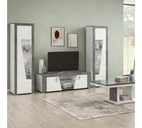 AltoBuy Ensemble Salon Complet Table Basse + Meuble TV + 2 vitrines Blanc et Imitation Granit Gris - Newell