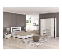 AltoBuy GAÏA - Chambre Lit 160x200 cm + Chevets + Commode + Armoire Laquée Blanc avec Décor Noir