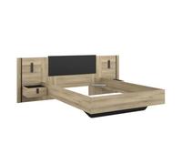 AltoBuy Lit 140x190 + 2 chevets Suspendus sur Panneaux avec éclairage Aspect Bois et Noir - ELOUAN