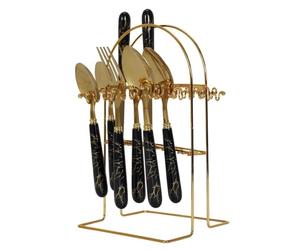 AltoBuy Ménagère 24 pièces en INOX doré Manches Noirs en Plastique et Support Assorti