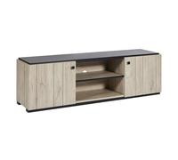 AltoBuy Meuble TV 2 Portes Aspect Lames de Bois Finition Beach et Plateau Noir - Thomas