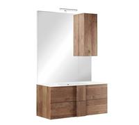 AltoBuy Meuble Vasque 82cm Suspendu 2 tiroirs + Miroir Aspect Bois Finition Mercure - ZEUS
