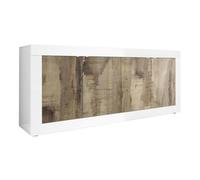 AltoBuy OTELLO - Buffet 4 Portes Finition Blanc Laqué et Aspect Bois Antik