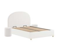 AltoBuy Pack Lit Coffre 140x200cm Tête Demi-Lune + 2 Poufs Tissu Bouclé Blanc - Connie