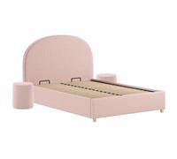 AltoBuy Pack Lit Coffre 140x200cm Tête Demi-Lune + 2 Poufs Tissu Bouclé Rose - Connie