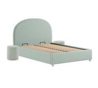 AltoBuy Pack Lit Coffre 140x200cm Tête Demi-Lune + 2 Poufs Tissu Bouclé Vert Olive - Connie