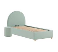 AltoBuy Pack Lit Coffre 90x200cm Tête Demi-Lune + Pouf Tissu Bouclé Vert Olive - Connie