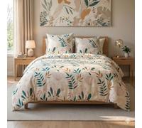 AltoBuy Parure Housse de Couette 240x220cm + 2 taies écru Motif botanique 100% Microfibre - LICELIA