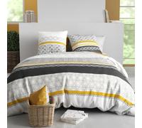 AltoBuy Parure Housse de Couette 240x220cm + 2 taies Motif Blanc Gris et Jaune 100% Coton - IPSAR