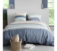 AltoBuy Parure Housse de Couette 240x220cm + 2 taies Motif Graphique Bleu et Taupe 100% Coton - SOLIA