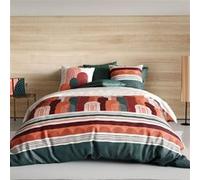 AltoBuy Parure Housse de Couette 240x220cm + 2 taies Motif rétro Terracotta et Vert 100% Coton - Olga
