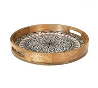 AltoBuy Plateau Rond en Bois de manguier avec Motif Mandala Noir (Ø35cm) - Mango