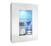 REBECCA - Vitrine 2 Portes Finition Blanc Laqué Weiss Relief Damiers et Leds -