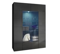 AltoBuy Rebecca - Vitrine 2 Portes Finition Laqué Gris Carbone Relief Damiers et LEDs