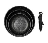 Set de 3 poêles en aluminium revêtement effet pierre avec 1 poignée amovible