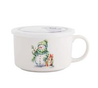 Altom Design Boîte à déjeuner en porcelaine - Grande tasse de Noël - Avec anse et couvercle - 800 ml - Motif bonhomme de neige