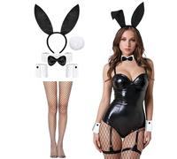 ALUNME Ensemble de costume de lapin, oreilles de lapin noires, bandeau, nœud papillon, poignets et collants en maille pour Halloween, fête costumée, oreilles de lapin noires avec bas en soie