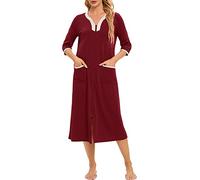 Alunsito Chemise de Nuit Femme Robe de Nuit Solide Solide Robe de Nuit à Manches 3/4 Vêtements de Nuit à glissière Pyjama à col en V Coat d'été du Printemps avec des Poches, Rouge foncé, XX-Great