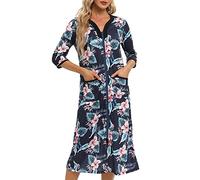 Alunsito Chemise de Nuit pour Femme Sleepphirt à glissière CHIRTE DE Nights 3/4 à Manches Velles de Cou Pyjama d'impression Coat de Maison d'été du Printemps avec Poches, Bleu, Grand