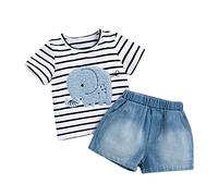 Alunsito Ensemble 2 pièces pour bébé fille avec t-shirt brodé à manches courtes et short en jean et pantalon en jean