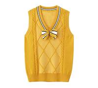 Alunsito Gilet pull pour enfants filles uniformes scolaires col en v en coton sans manches tricoté à rayures gilet jaune 160 11-12 ans