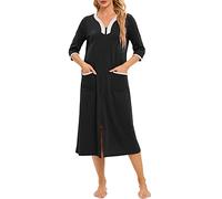 Alunsito Manteau de Maison à Demi-Manches pour Femmes Robes de Sommeil Avant à glissière Pyjama de Couleur Unie Robe Nocturne en V-Neck Night-chenilles à Pleine Longueur avec Poches, Noir, XX-Gard