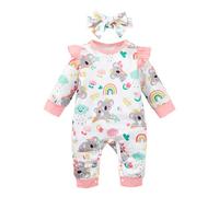 Alunsito Nouveau-né bébé garçons filles automne hiver tenue à manches longues Koala imprimé barboteuse combinaison avec bandeau vêtements ensemble blanc 1-3 mois