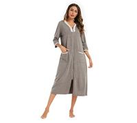 Alunsito Peignoir Femme Manches 3/4 Fermeture Éclair Peignoir Loungewear Housecoat Imprimé Vêtements De Nuit Chemise De Nuit avec Poches Gris Foncé X-Large