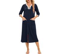 Alunsito Robe de Chambre à Fermeture éclair sur Le Devant, Chemise de Nuit à Demi-Manches, Robe de Chambre à Fermeture éclair sur Le Devant, Peignoir Doux avec Poches,Bleu foncé, XL