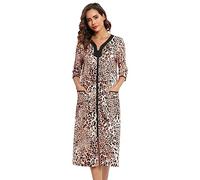 Alunsito Robe de Chambre à Manches mi-Longues pour Femme avec Fermeture éclair sur Le Devant, Pyjama de Couleur Unie, col en V, Chemise de Nuit Longue avec Poches, léopard, XX-Large