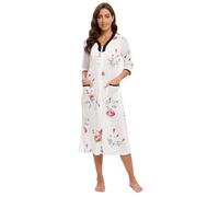 Alunsito Robe de Chambre pour Femme avec Fermeture éclair sur Le Devant, Manches 3/4, Chemise de Nuit Courte avec Poches, Blanc foncé, Floral, M