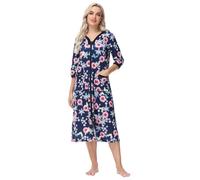 Alunsito Robe de Chambre pour Femme avec Fermeture éclair sur Le Devant, Manches 3/4, Peignoirs à Fermeture éclair, Chemise de Nuit Courte avec Poches, Bleu foncé, Floral, Moyen.