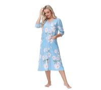 Alunsito Robes pour Femmes avec Fermeture éclair sur Le Devant, Manteau de Maison léger, Chemise de Nuit à Fermeture éclair, Demi-Manches, vêtements de Maison avec Poche, Motif Floral Bleu, Taille L