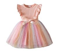 Alunsito Tutu pour enfants filles tulle manches à volants robe de princesse fête d'anniversaire concours vacances robes de mariée 1 an rose arc-en-ciel 1-2 ans