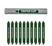 Aluplex Signalétique - Planche de 10 marqueurs de tuyauterie EAU (Ø DM 10 à 25) pour fluide CHAUFFAGE ALLER / 150 x 12mm