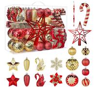 Alupssuc 128 Boules de Noël Incassables, 2025 Nouveau Boules et Fleurs Décoratives, Ornements pour Sapin de Noël, Fêtes, Mariages avec Crochets, Rouge et Or