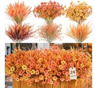 Alupssuc 24 Paquets de Fleurs Artificielles Automnales pour Extérieur, Eucalyptus, Violettes et Lavande, Faux Fleurs en Soie, pour Maison, Jardin, Porche, Fenêtre Décorations, Orange-Rouge Automnal