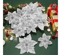 Alupssuc 24 Pièces Décorations de Noël Artificielles Poinsettia Paillettes de Noël Mariage Arbre de Noël Nouvel an Ornements avec Clip et Bâton,Argent