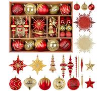Alupssuc 80pcs Boule de Noel Incassables, Ornements de Sapin de NoëL pour de Vacances Mariage FêTe DéCorations avec Cordons Suspendus Moderne LéGer Luxe Rouge et Or