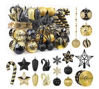 Alupssuc Lot de 128 Boules de Noël incassables avec Crochets - Fleurs et Ruban - Décoration de Sapin de Noël - avec Crochets - Noir et doré