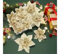 Alupssuc Lot de 24 Fleurs de Noël artificielles Poinsettia à Paillettes avec Clip et bâton - Doré