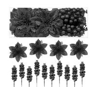 Alupssuc Lot de 24 Piques de Sapin de Noël pailletés, 12 Fleurs artificielles et 12 Branches décoratives avec Baies pour décorations de Sapin, Ornements et guirlandes de Noël, Noir