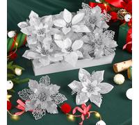 Alupssuc Lot de 24 poinsettias artificiels à paillettes, 3 styles, 15 cm, fleurs de Noël artificielles, ornements pour sapin de Noël, grandes déc
