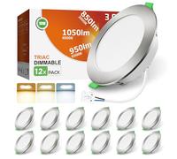 ALUSSO Spot LED Encastrable Extra Plat, 10W 1050LM Dimmable IP44 Spot Etanche Salle de Bain, 3CCT Blanc Chaud 3000K Blanc Neutre 4000K Blanc Froid 6500K, Trou Φ90-100MM, Nickel Brossé, Lot de 12