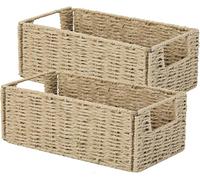 Aluusy Panier Rangement Rectangulaire, Lot de 2 Petit Panier Tressé Pliable en Papier de Jacinthe d'eau, Panier d'étagère Papier Toilette, Salle de Bain 30x15x12cm